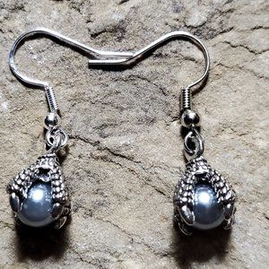 Eagle Claw With Smokey Grey Pearl Bead Earrings